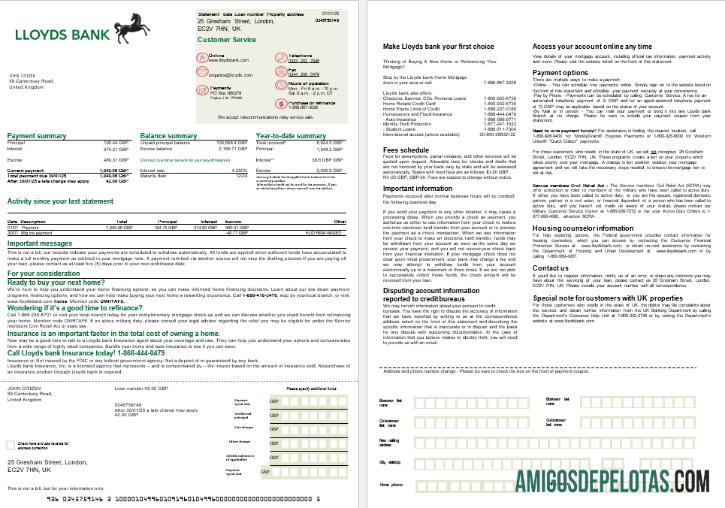 Extrato de hipoteca do Lloyds Bank do Reino Unido em formatos Word e PDF, 2 páginas modelo